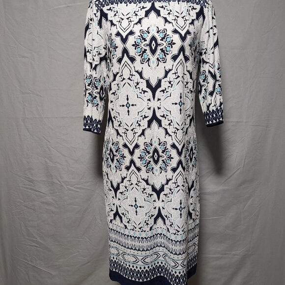 Studio One Women's Navy Blue White Printed Shift‎ Boho Chic Dress Size Medium - Picture 1 of 9